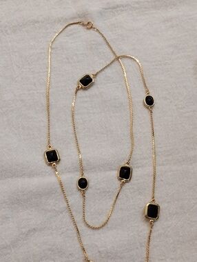 Gold Long Station Necklace with Black Stones